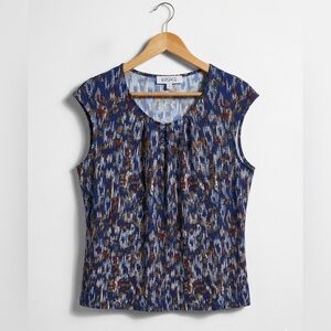 Kasper Navy Multicolor Printed Round Neck Cap-Sleeve Sleeveless Blouse NWOT